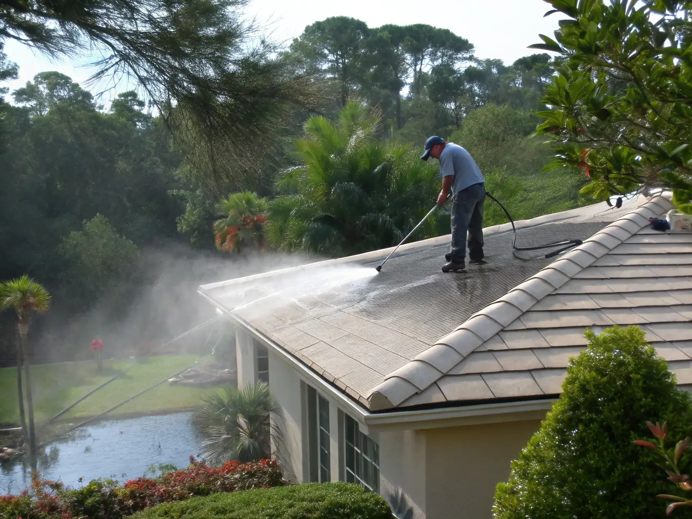 A close-up of a house's siding being soft washed, demonstrating the gentle yet effective cleaning process. Highlight the clean, undamaged surface.