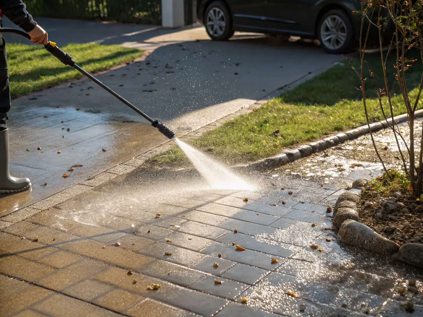 A residential driveway being power washed, showing the clear difference between the clean and dirty sections. Focus on the water spray and the immediate cleaning effect.